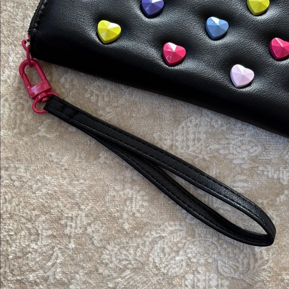 Betsey Johnson Black Multicolored Candy Metal Hearts Zip Around Wristlet Wallet